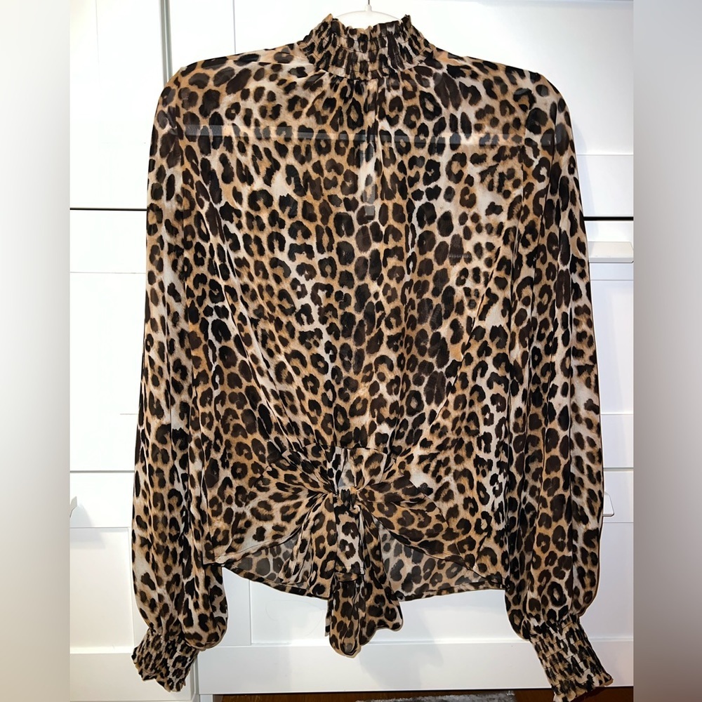 Express Leopard Print Smocked Mock Neck Tie-Front Top